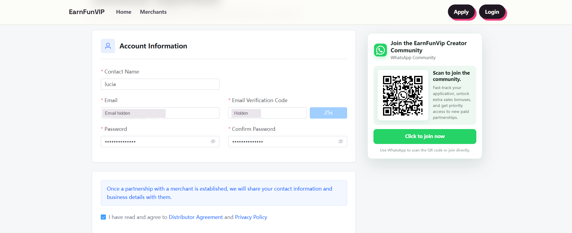 EarnFunVIP registration form with contact name, email, verification code, and password fields. Email and verification code are hidden.
