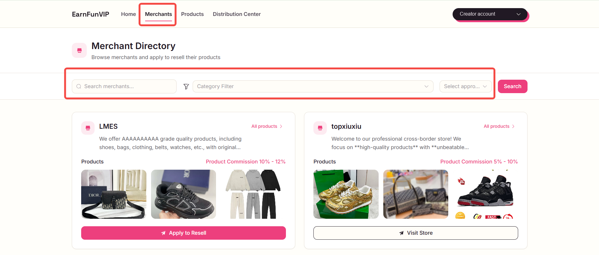 Merchant Directory with search and category filters, Apply to Resell and Visit Store actions. Account details are hidden.