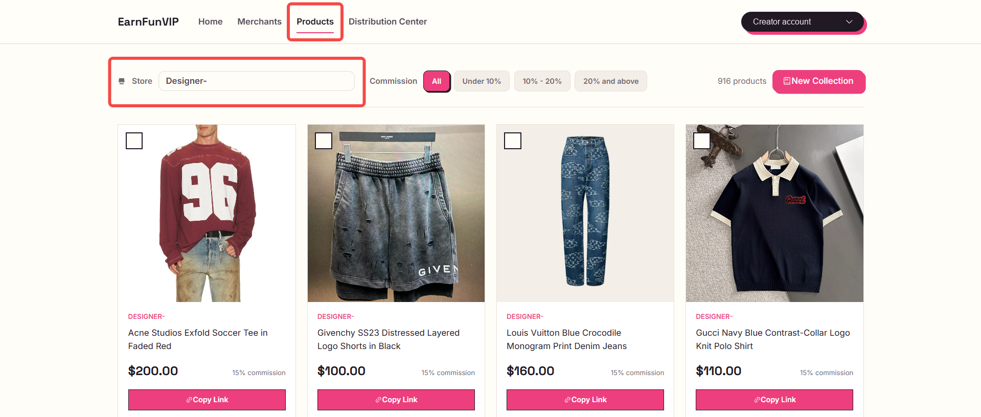 Products page with Store and Commission filters, product selection boxes, and Copy Link on each card. Account details are hidden.