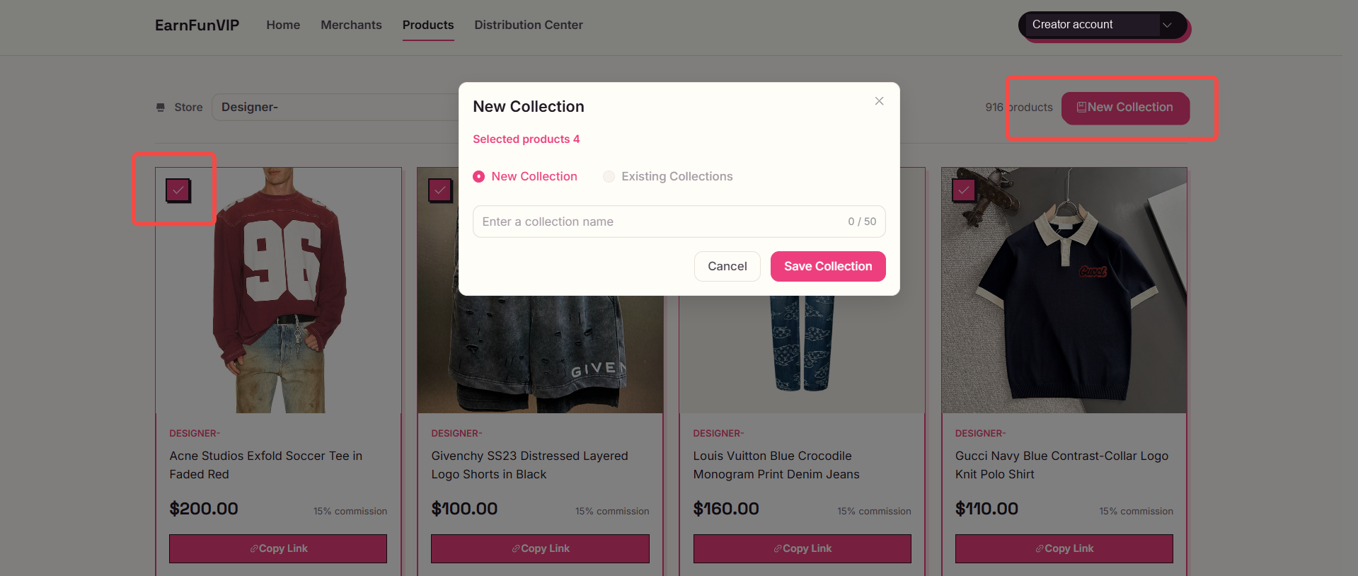 New Collection dialog showing selected products, collection name field, and Save Collection. Account details are hidden.