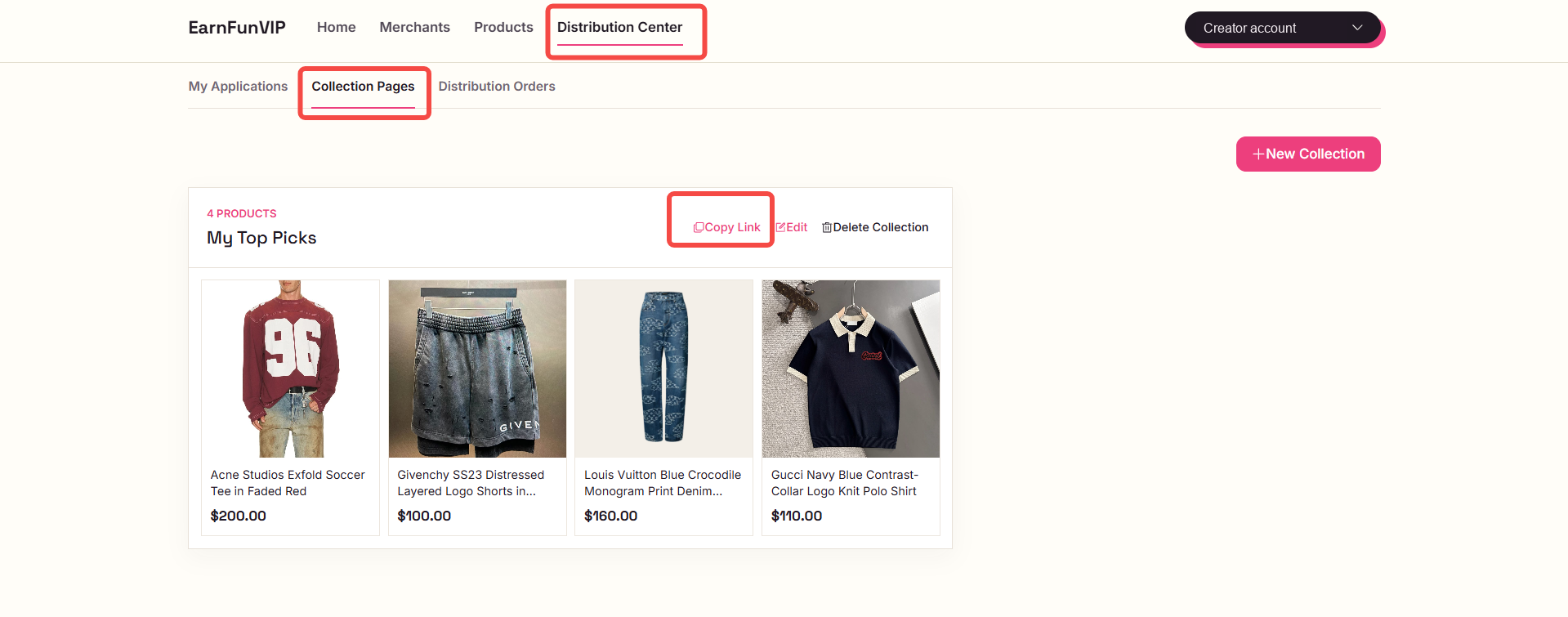 Collection Pages under Distribution Center showing a saved collection with Copy Link and Edit actions. Account details are hidden.