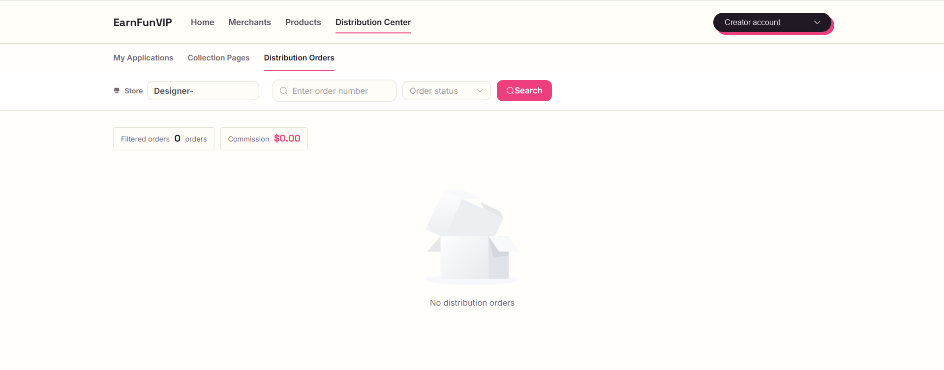 Distribution Orders with Store, order number, and status filters plus order count and commission summary. The example shows no orders.