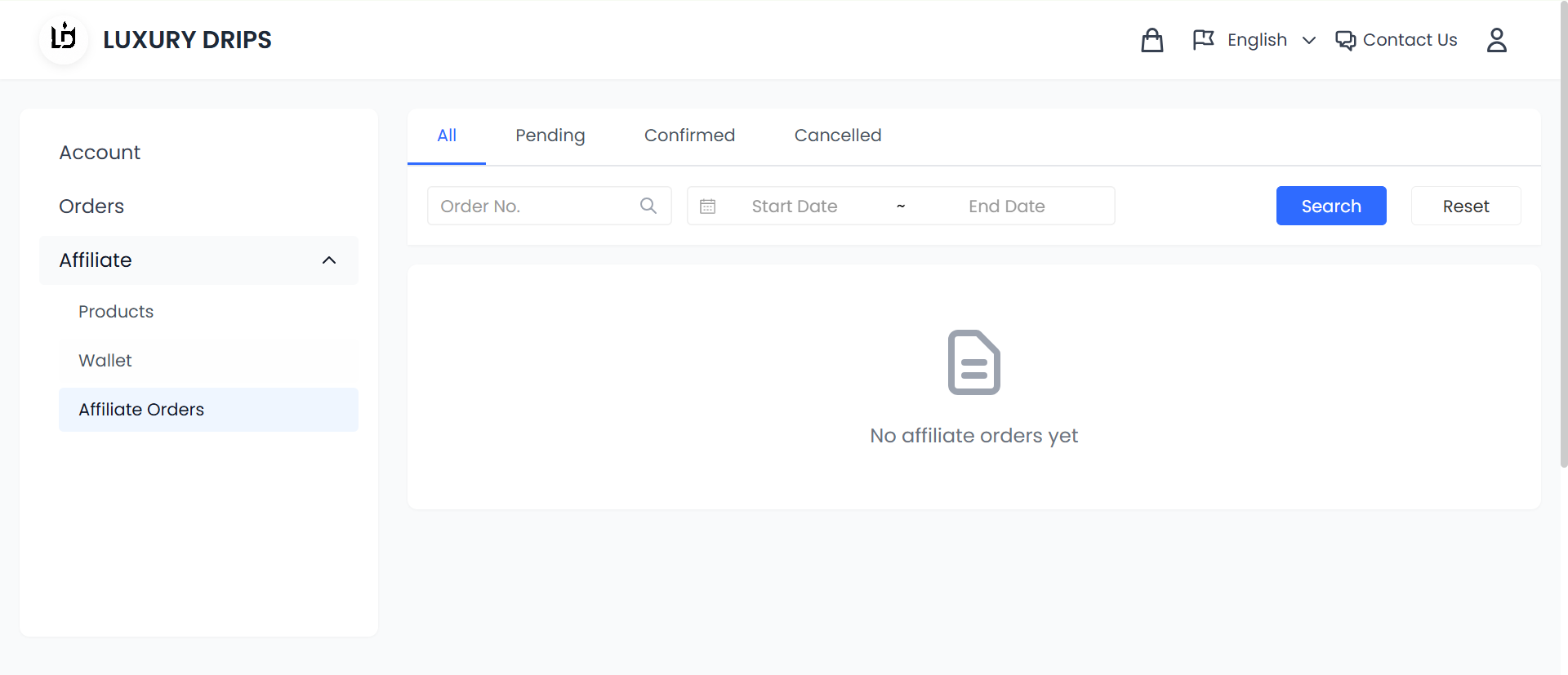 A merchant account area with Affiliate Orders selected and Wallet visible in the Affiliate menu. The order list is empty.