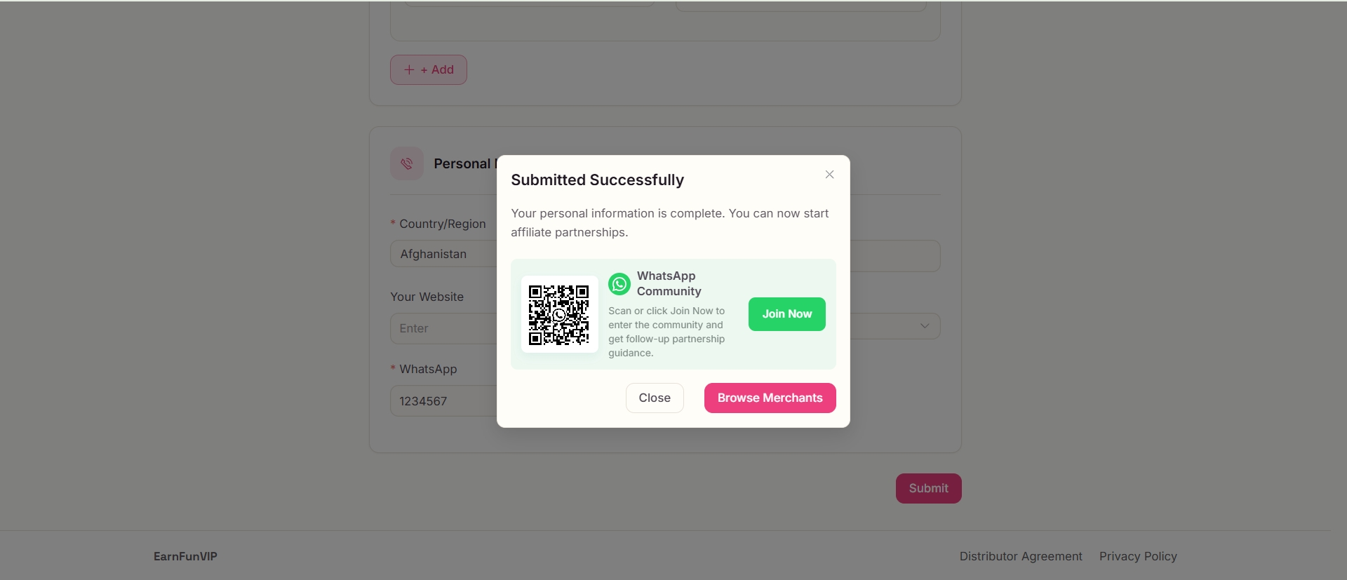Submitted Successfully dialog over the creator profile, with Browse Merchants as the next action.